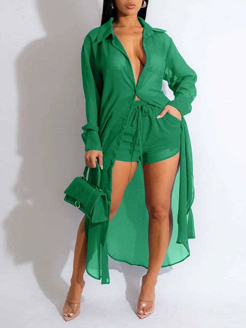 Women's Solid Color Button Front Shirt & Shorts Two-Piece Set