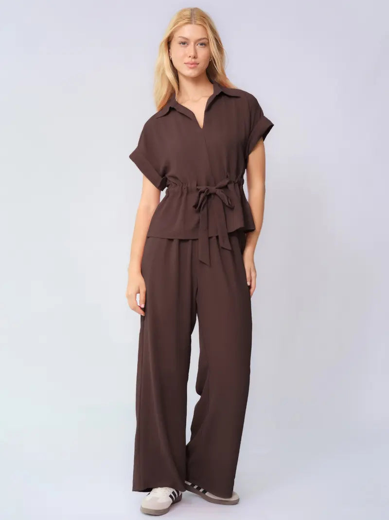 Two-Piece Set Women's Solid Versatile Minimalist Collared Top & Wide Leg Trousers