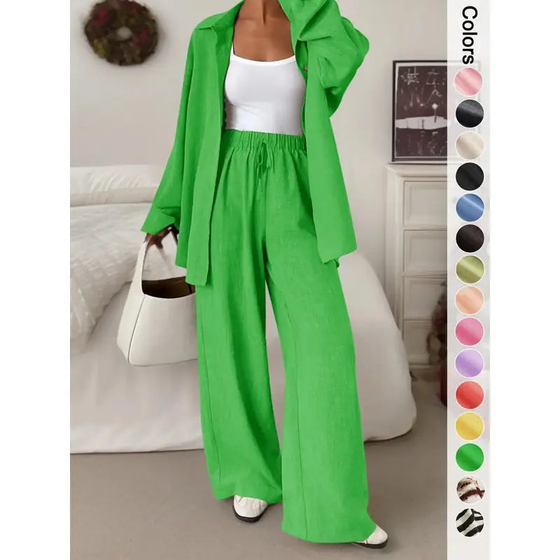 Women's Casual Sporty Shirt and Long Pants Set, Loose Button-Up Top and Wide-Leg Pants Two-Piece Set, Comfortable and Stylish