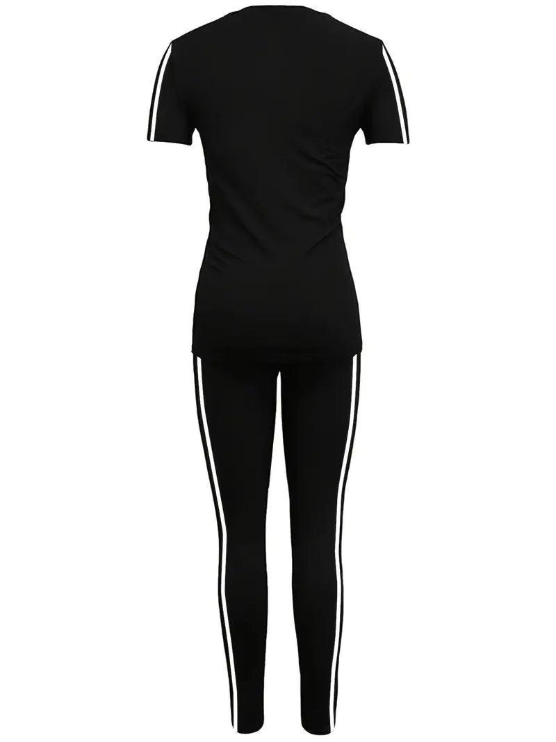 Women's Printed Casual Sporty Round Neck Drawstring Short Sleeve and Long Pants Two-Piece Set