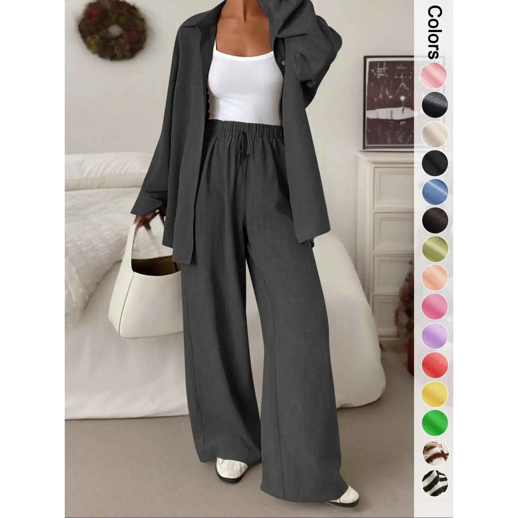 Women's Casual Sporty Shirt and Long Pants Set, Loose Button-Up Top and Wide-Leg Pants Two-Piece Set, Comfortable and Stylish