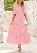 PRETTYGARDEN Women's Casual Midi Dresses Square Neck Short Sleeve Smocked A Line Floral Flowy Elegant Boho Dress