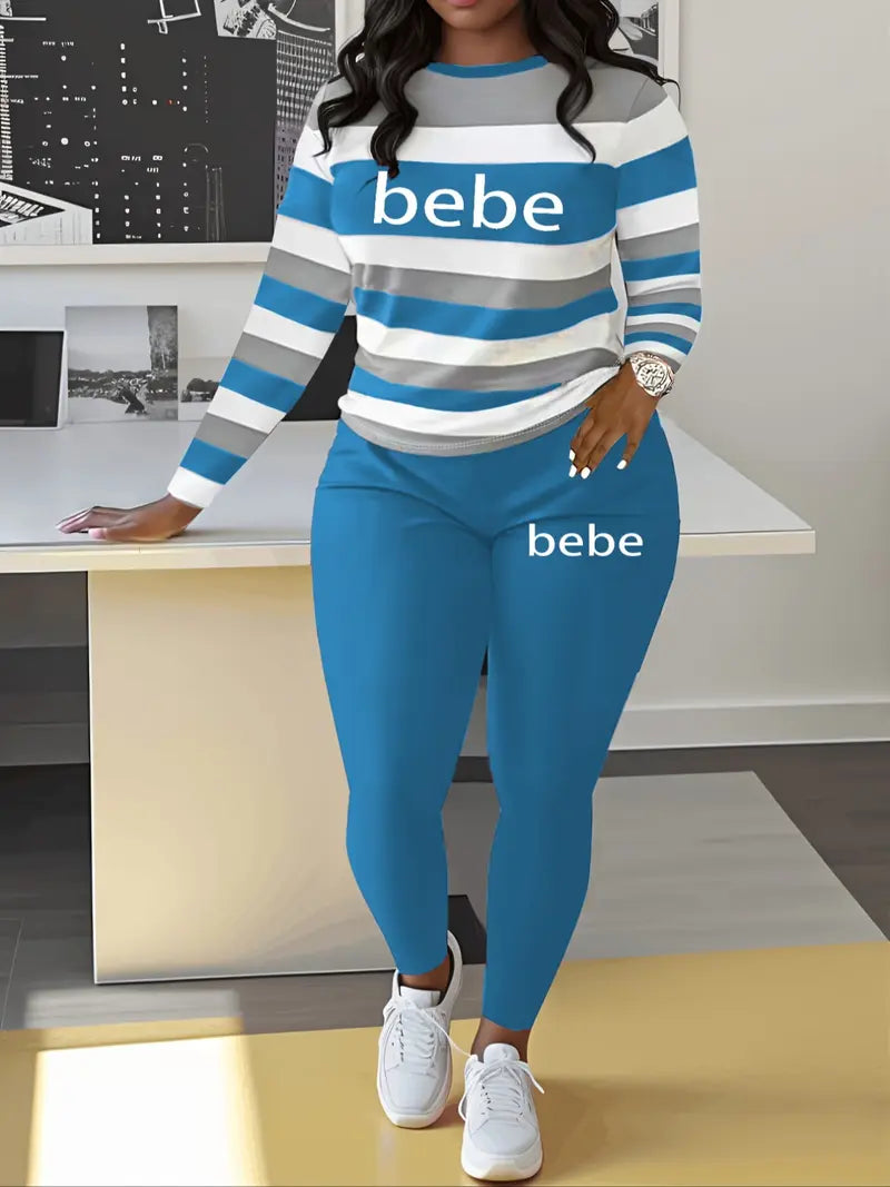 Women's Striped 'Bebe' Letter Print Round Neck Long Sleeve Top and Pants Set