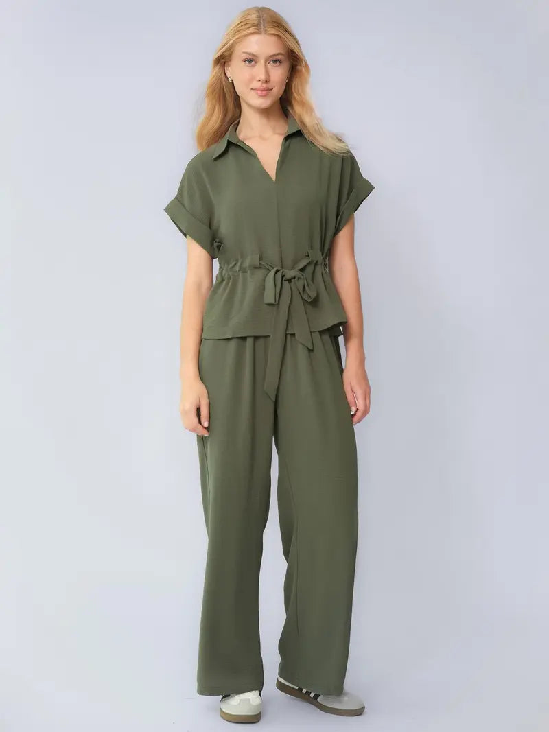 Two-Piece Set Women's Solid Versatile Minimalist Collared Top & Wide Leg Trousers