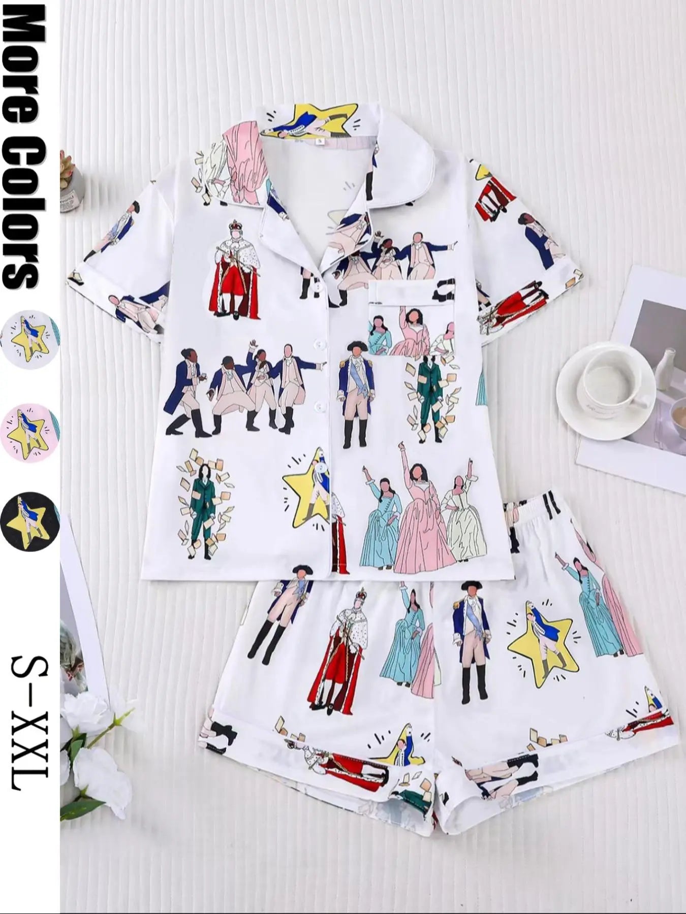 Hamilton Musical Themed Women's Pajama Set, Short Sleeve Shirt Collar Button Soft Top & Elastic Shorts, Casual Home Wear