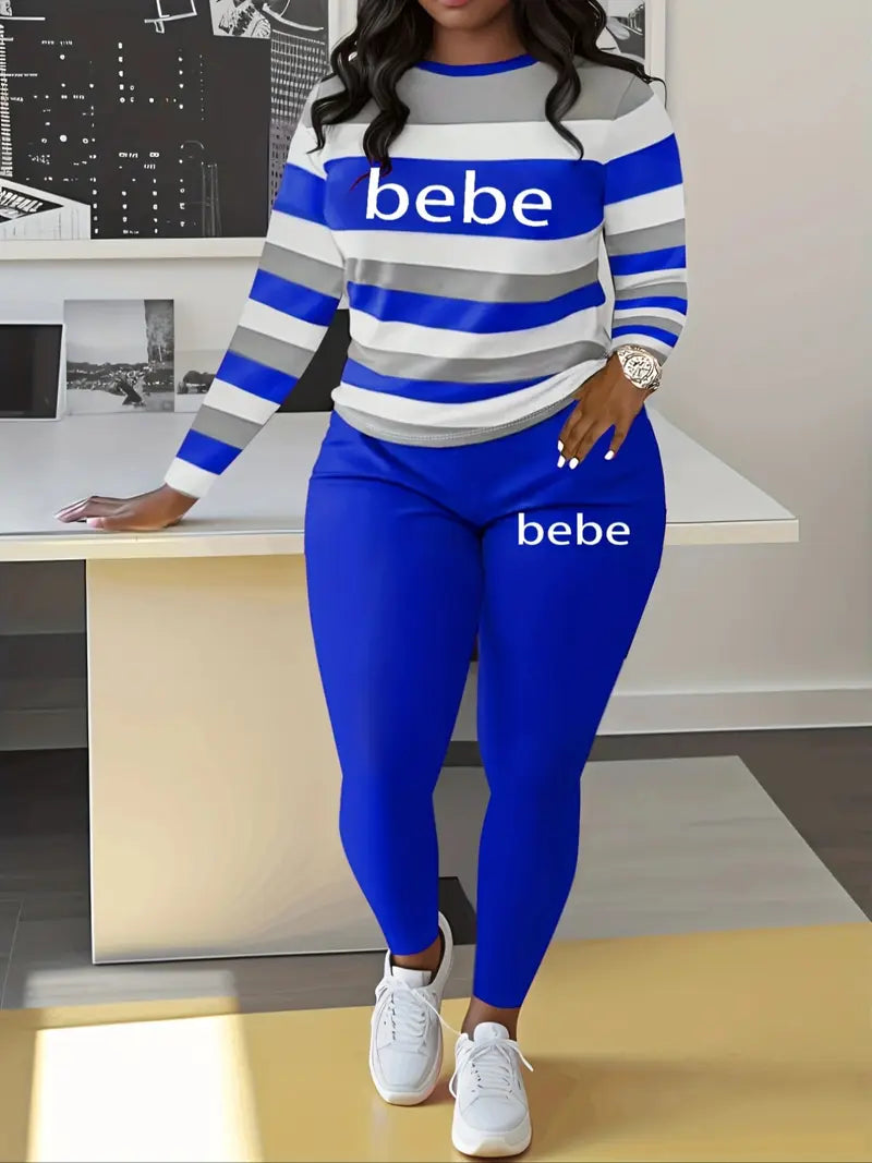 Women's Striped 'Bebe' Letter Print Round Neck Long Sleeve Top and Pants Set
