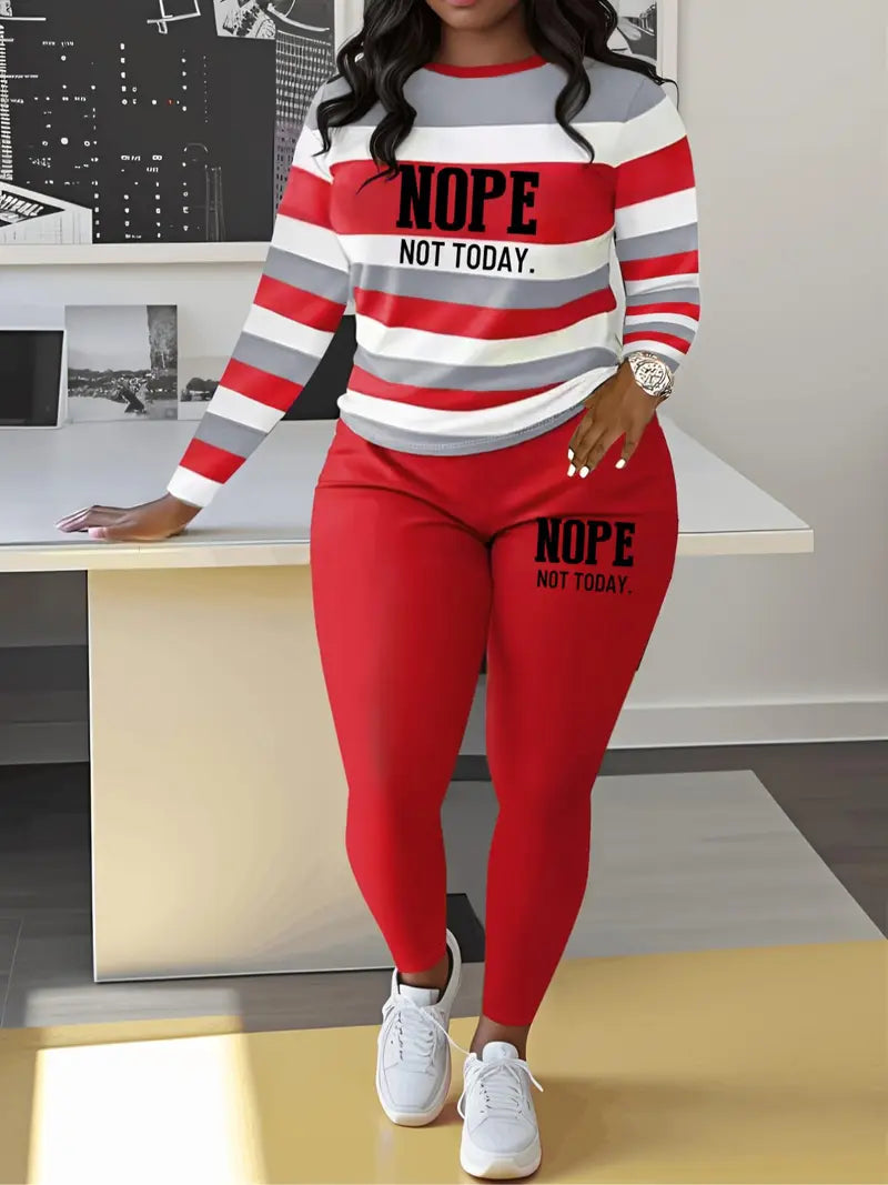 Two-piece Set Women's Striped and Letter Print Tee & Elastic Waist Pants