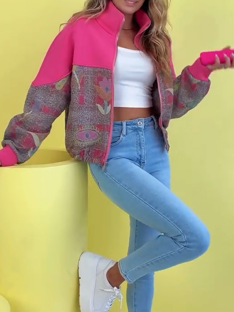 Women Standing Collar Patchwork Printed Casual Jacket