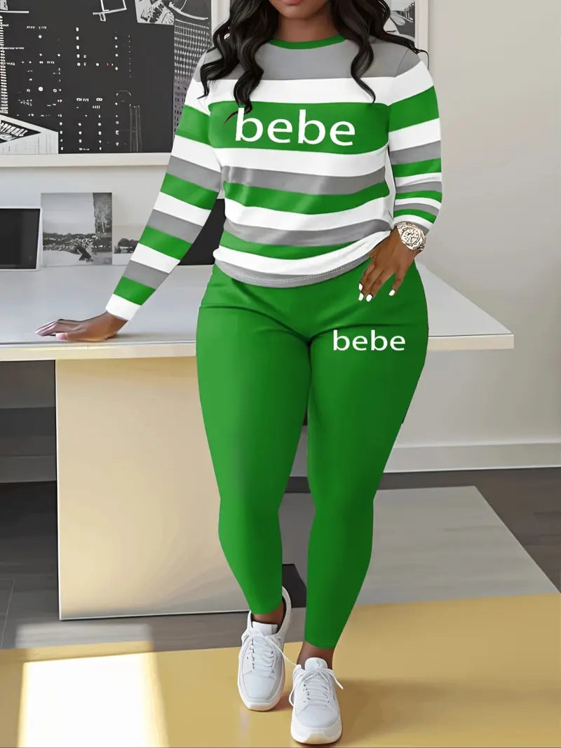 Women's Striped 'Bebe' Letter Print Round Neck Long Sleeve Top and Pants Set