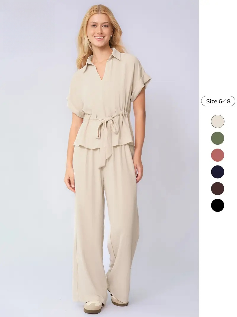 Two-Piece Set Women's Solid Versatile Minimalist Collared Top & Wide Leg Trousers
