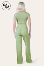 Scoop Neck Bodysuit & Wide Leg Trousers Co-Ord in Green