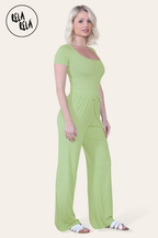 Scoop Neck Bodysuit & Wide Leg Trousers Co-Ord in Green