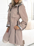 Women's Hooded Zipper Drawstring Plaid Print Casual Long Coat-XS-3XL