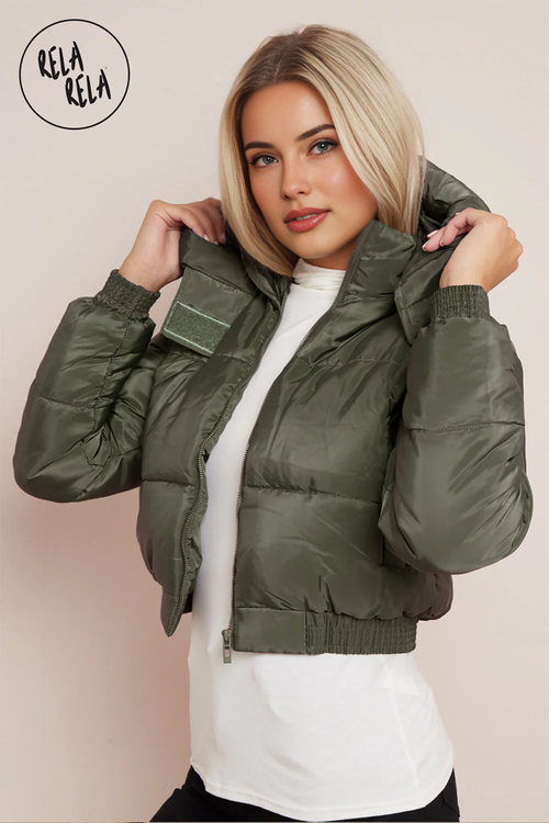 Cropped Puffer Jacket With Hood Padded in Khaki
