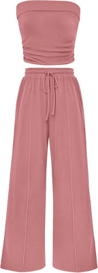 PRETTYGARDEN 2 Piece Sets Casual Ribbed Knit Crop Tube Top Wide Leg Pants Lounge Set