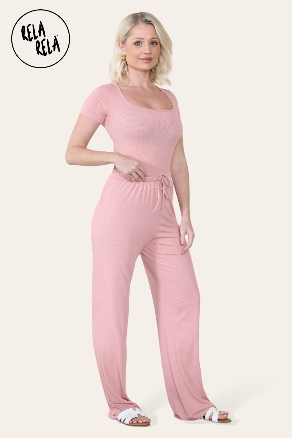 Scoop Neck Bodysuit & Wide Leg Trousers Co-Ord in Rose Pink