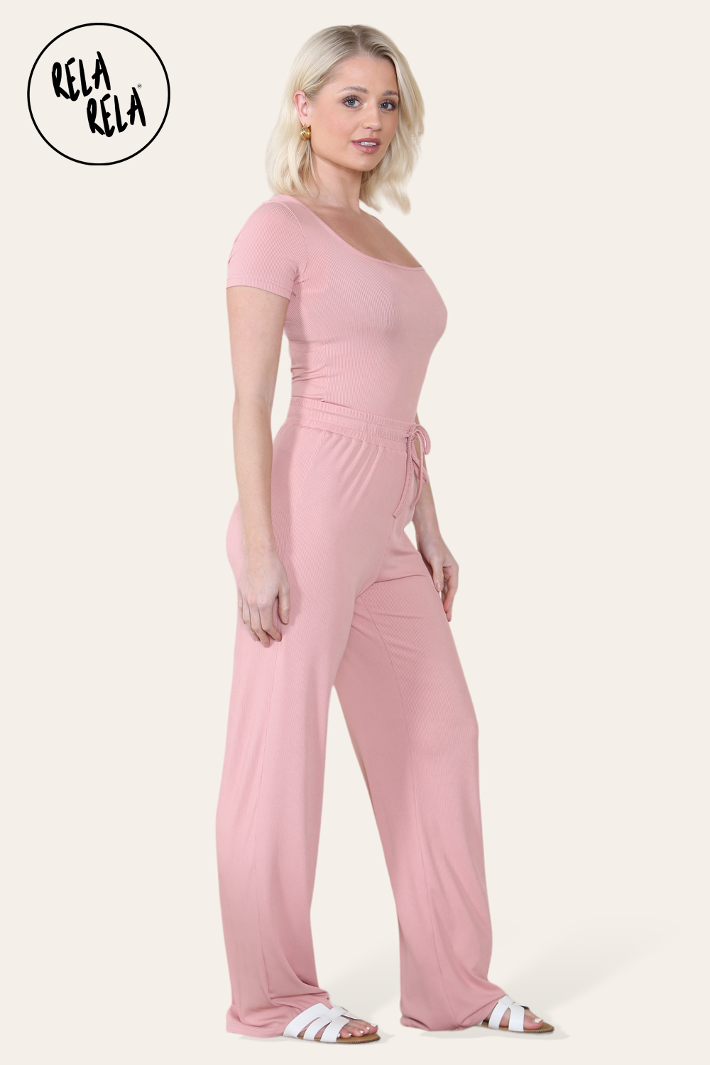 Scoop Neck Bodysuit & Wide Leg Trousers Co-Ord in Rose Pink