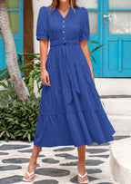 PRETTYGARDEN Women's Midi Dress Casual Short Sleeve V Neck Buttons Belted Ruffle A Line Flowy Dress with Pockets