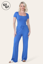 Scoop Neck Bodysuit & Wide Leg Trousers Co-Ord in Royal Blue