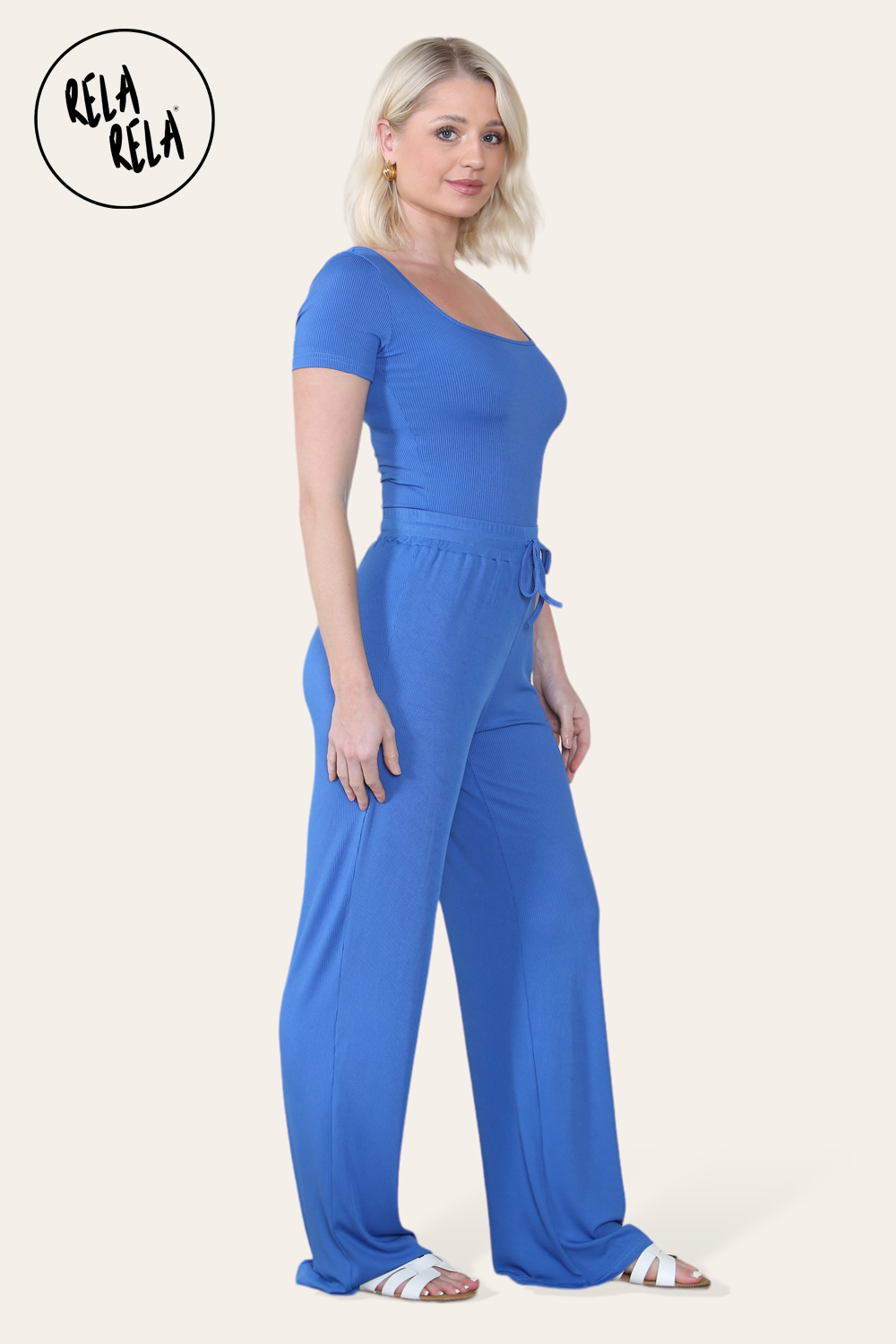 Scoop Neck Bodysuit & Wide Leg Trousers Co-Ord in Royal Blue