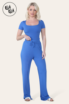 Scoop Neck Bodysuit & Wide Leg Trousers Co-Ord in Royal Blue