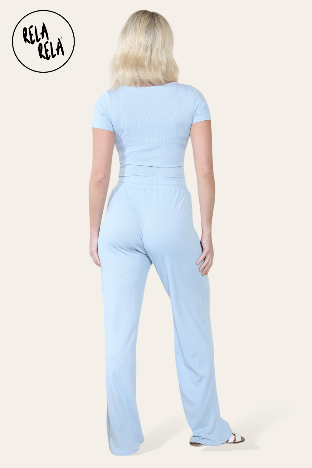 Scoop Neck Bodysuit & Wide Leg Trousers Co-Ord in Baby Blue