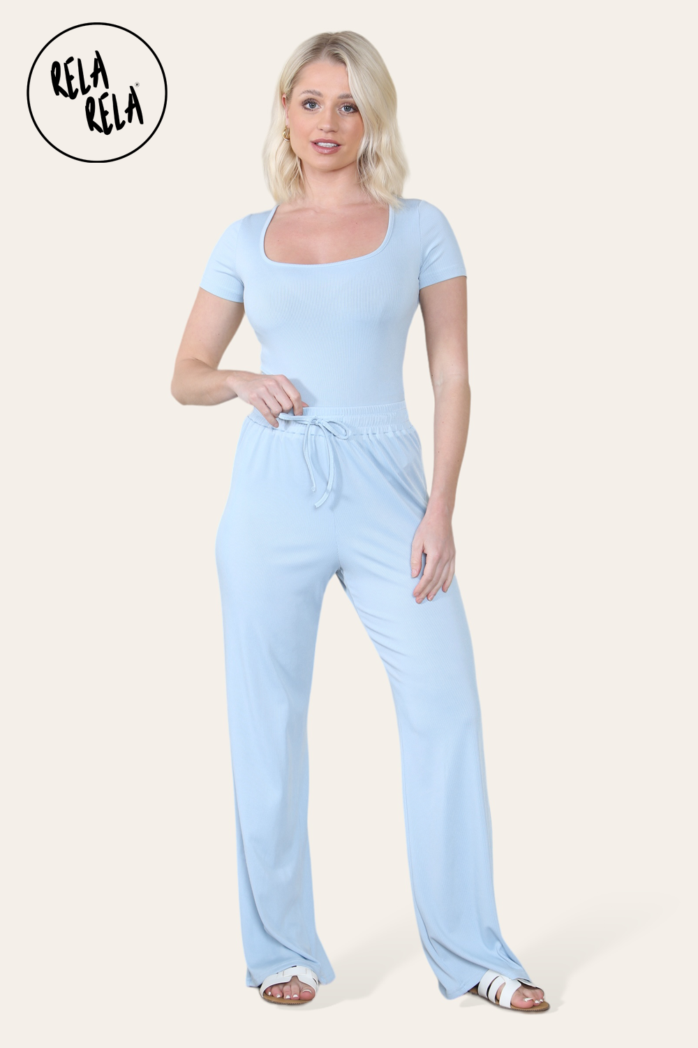 Scoop Neck Bodysuit & Wide Leg Trousers Co-Ord in Baby Blue