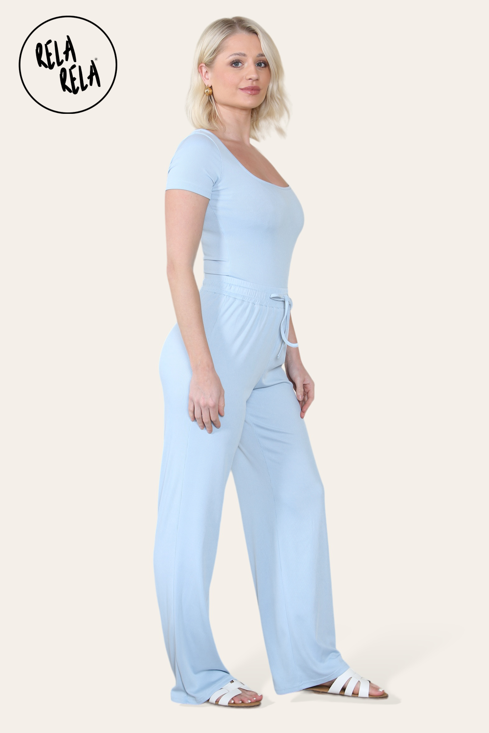Scoop Neck Bodysuit & Wide Leg Trousers Co-Ord in Baby Blue